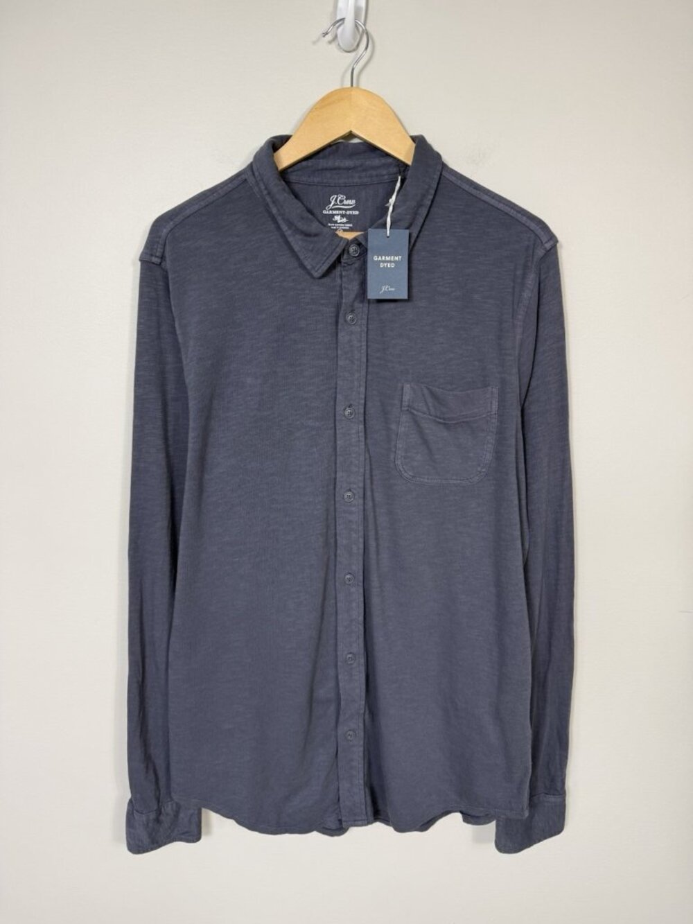 J Crew Mens Polo Shirt Garment Dyed Slub Large Tall LT Blue Long Sleeved NWT